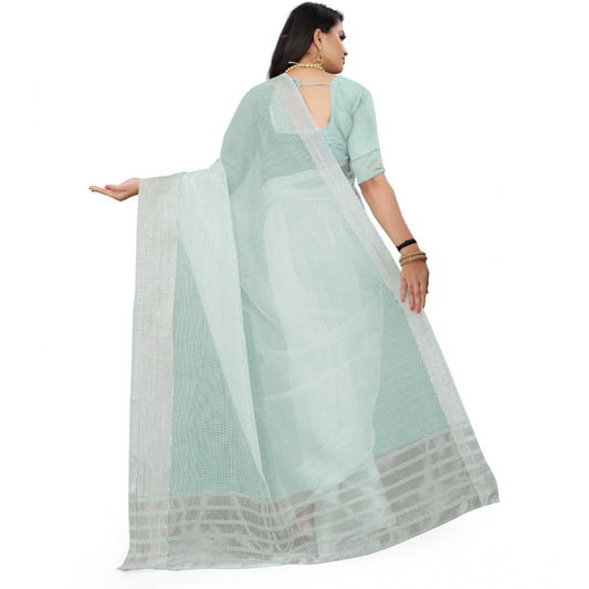 Generic Women's Cotton Jute Self Design Saree With Unstitched Blouse 5.5Mtr (Sky Blue)