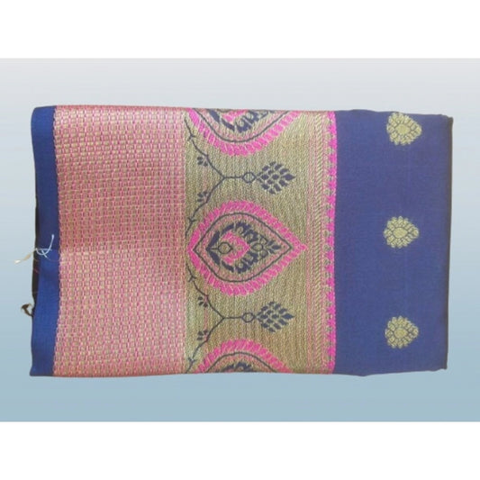 Generic Women's Silk Blend Woven Saree With Unstitched Blouse 5.5Mtr (Dark Blue)