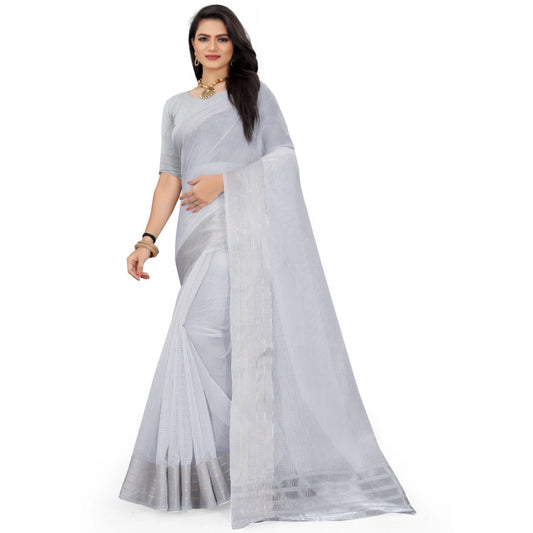Generic Women's Cotton Jute Self Design Saree With Unstitched Blouse 5.5Mtr (Grey)
