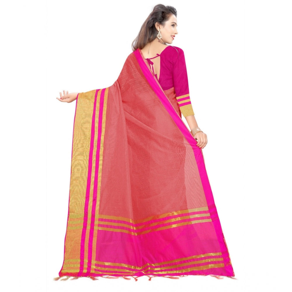Generic Women's Jacquard Striped Saree With Unstitched Blouse 5.5Mtr (Pink)
