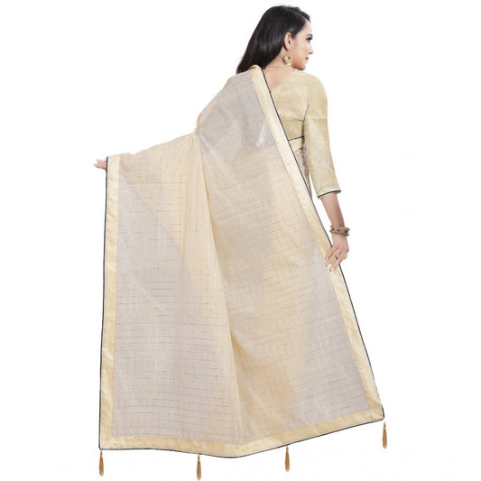 Generic Women's Cotton Silk Checkered Saree With Unstitched Blouse 5.5Mtr (Cream)