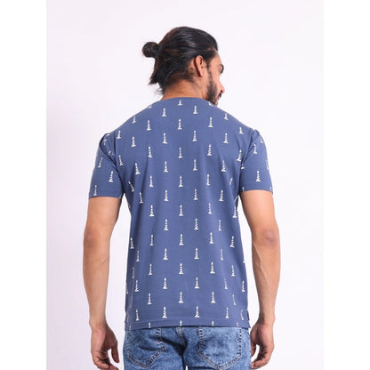 Generic Men's Casual Cotton Printed Round Neck Half Sleeve T-Shirt (Blue)