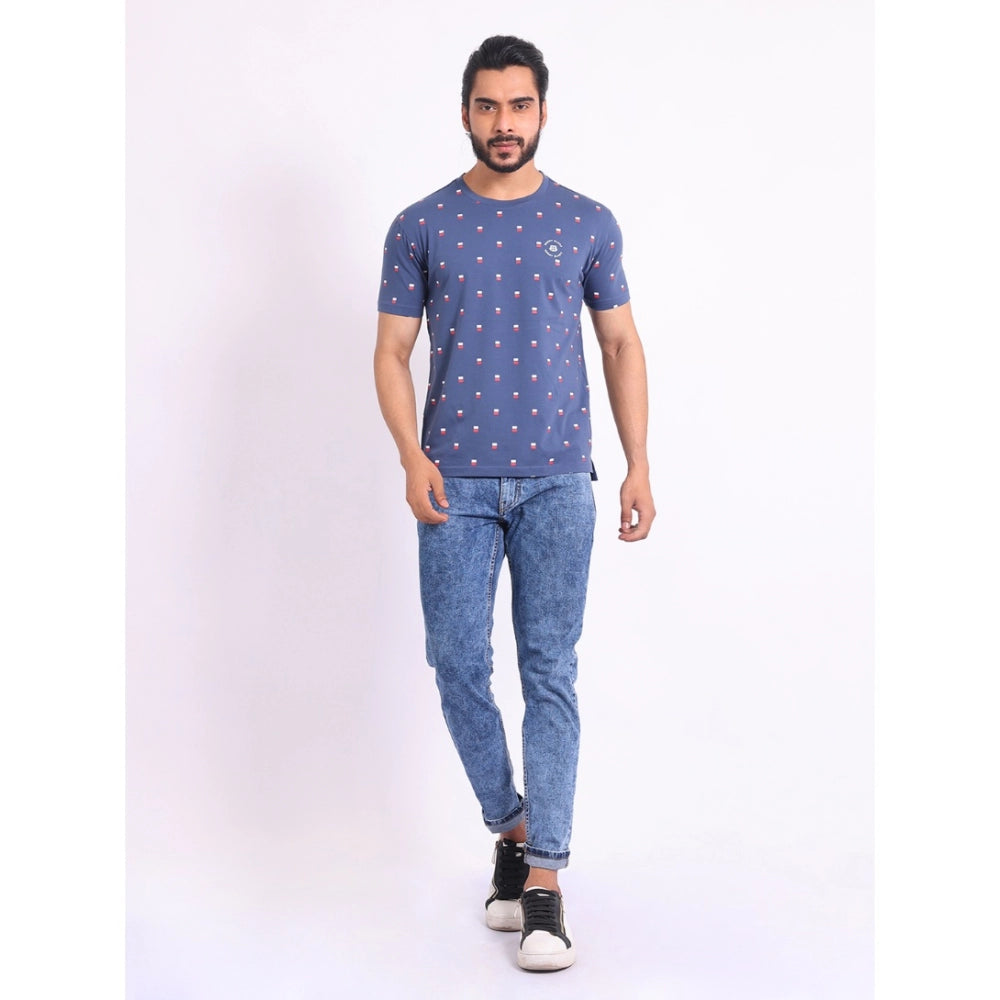 Generic Men's Casual Cotton Printed Round Neck Half Sleeve T-Shirt (Blue)