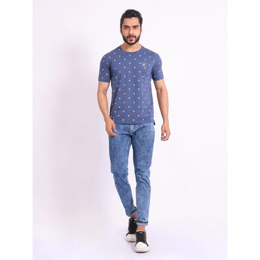 Generic Men's Casual Cotton Printed Round Neck Half Sleeve T-Shirt (Blue)