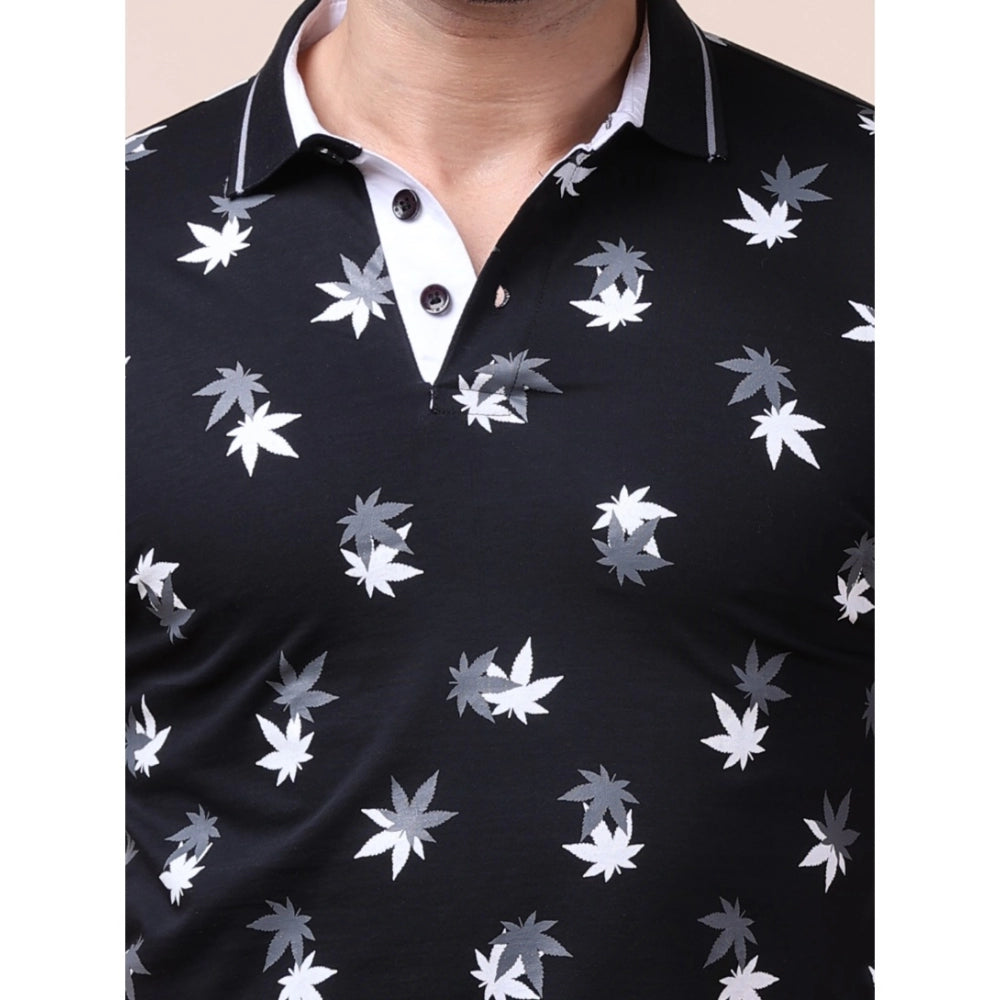 Generic Men's Casual Cotton Printed Polo Neck Half Sleeve T-Shirt (Black)