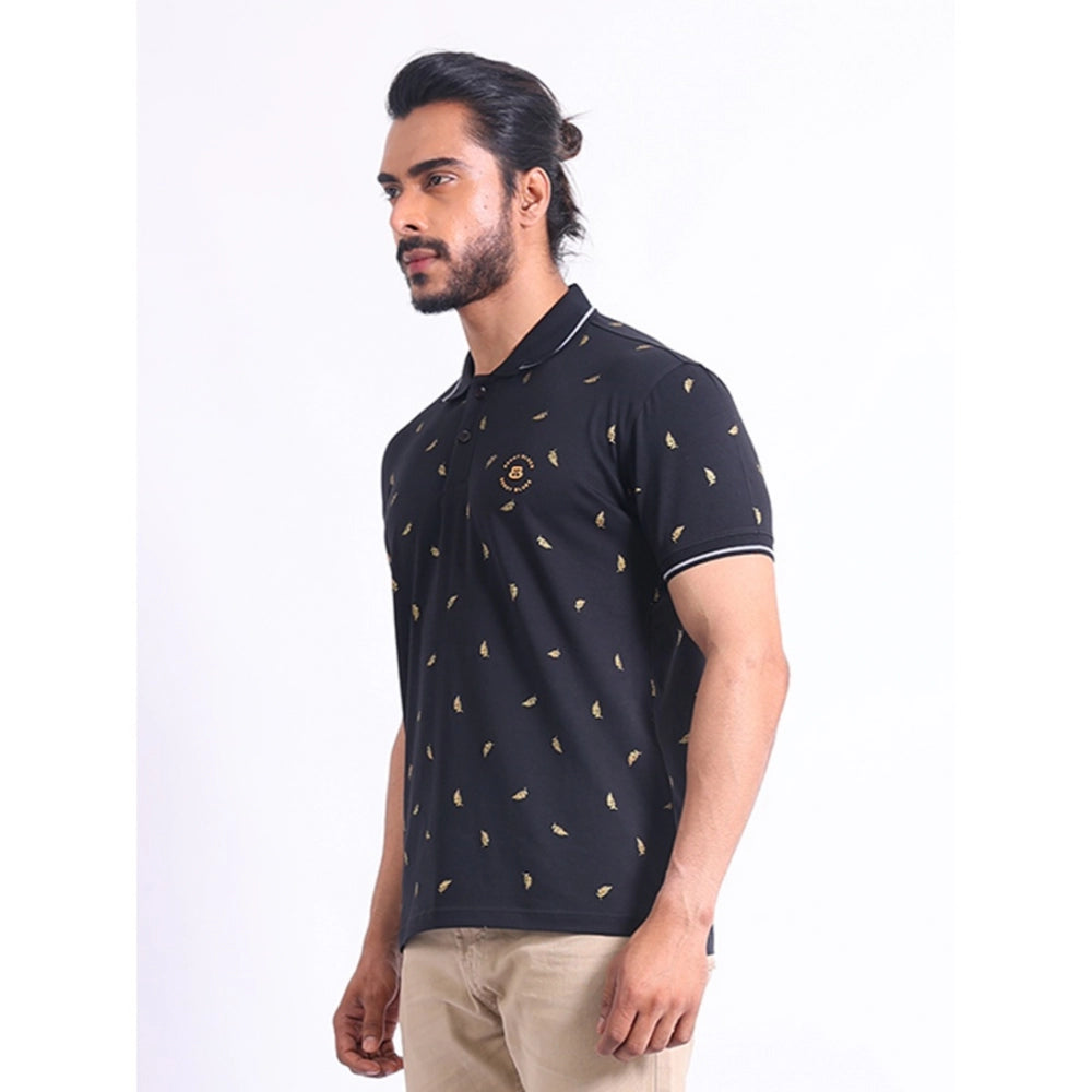 Generic Men's Casual Cotton Printed Polo Neck Half Sleeve T-Shirt (Black)