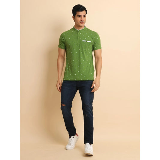 Generic Men's Casual Cotton Printed Mandarin Collar Half Sleeve T-Shirt (Green)
