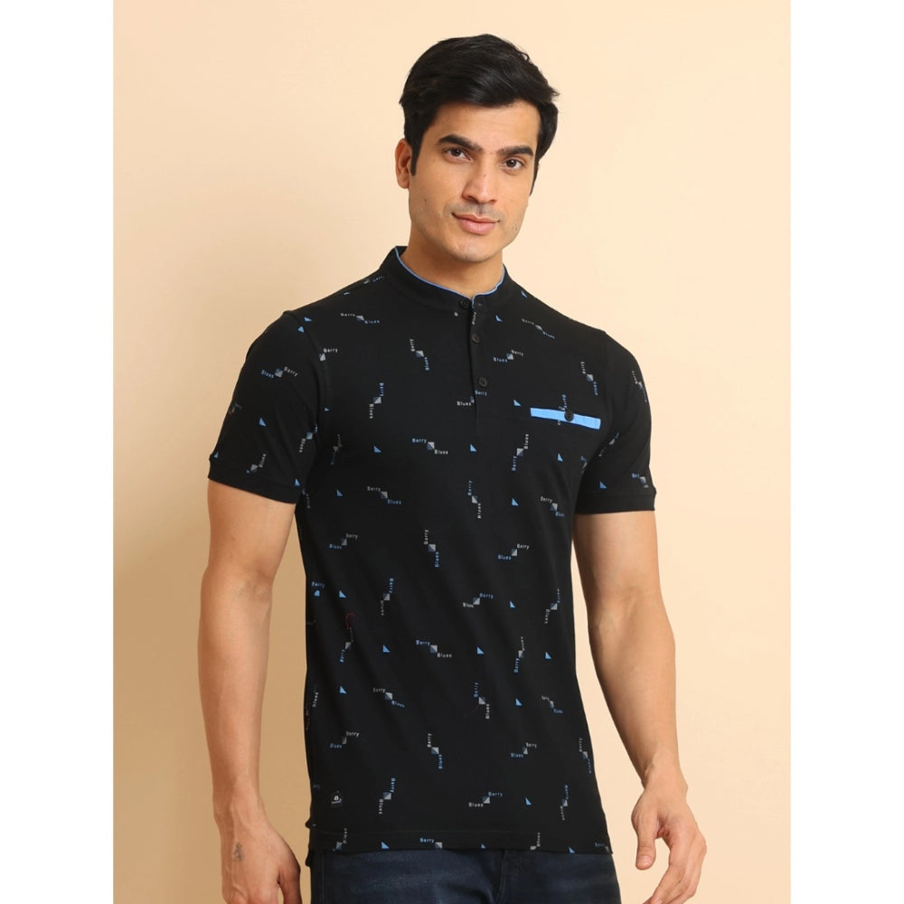 Generic Men's Casual Cotton Printed Mandarin Collar Half Sleeve T-Shirt (Navy)