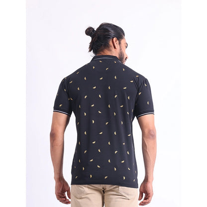 Generic Men's Casual Cotton Printed Polo Neck Half Sleeve T-Shirt (Black)