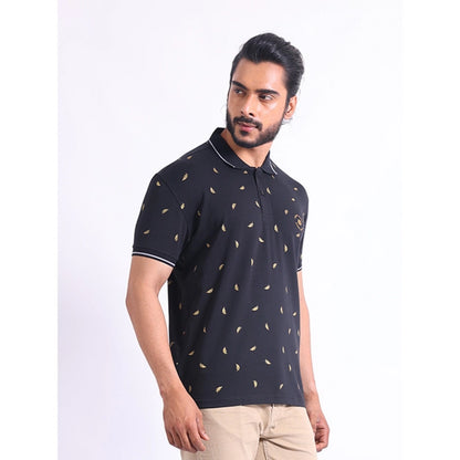 Generic Men's Casual Cotton Printed Polo Neck Half Sleeve T-Shirt (Black)
