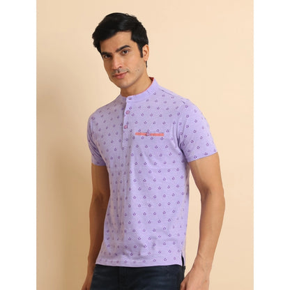 Generic Men's Casual Cotton Printed Mandarin Collar Half Sleeve T-Shirt (Lavender)