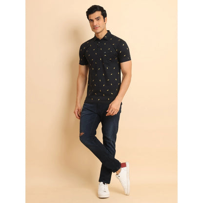 Generic Men's Casual Cotton Printed Polo Neck Half Sleeve T-Shirt (Black)
