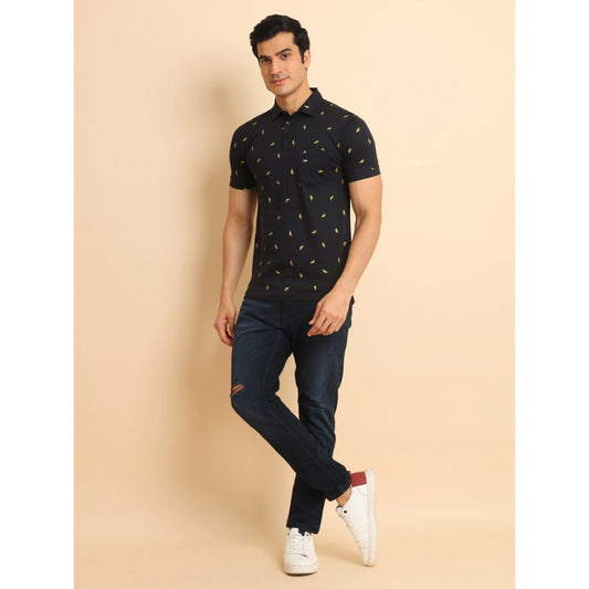 Generic Men's Casual Cotton Printed Polo Neck Half Sleeve T-Shirt (Black)