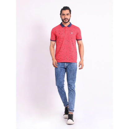 Generic Men's Casual Cotton Printed Polo Neck Half Sleeve T-Shirt (Red)