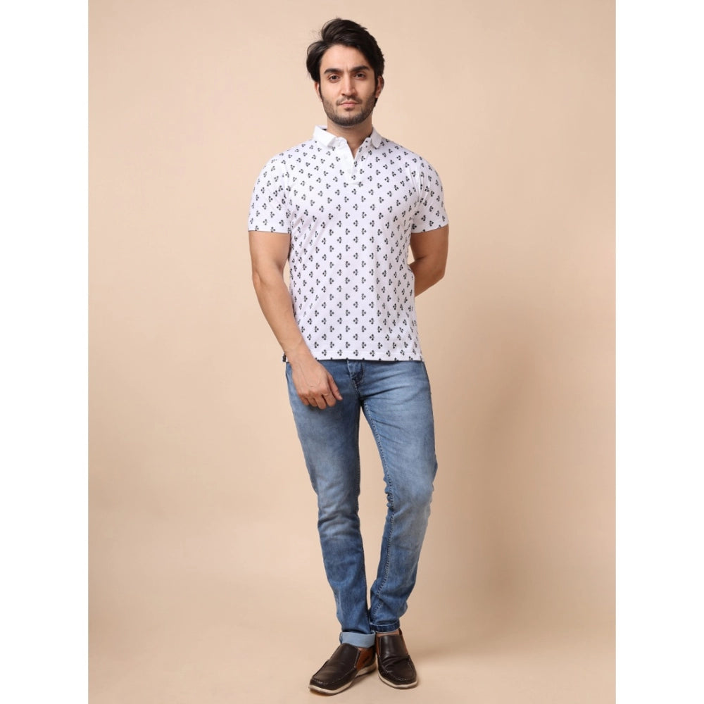 Generic Men's Casual Cotton Printed Polo Neck Half Sleeve T-Shirt (White)