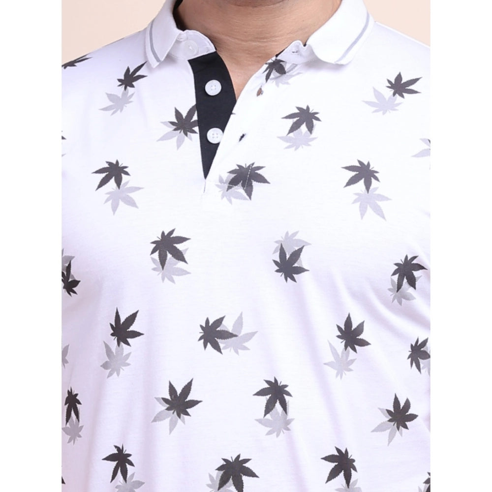 Generic Men's Casual Cotton Printed Polo Neck Half Sleeve T-Shirt (White)