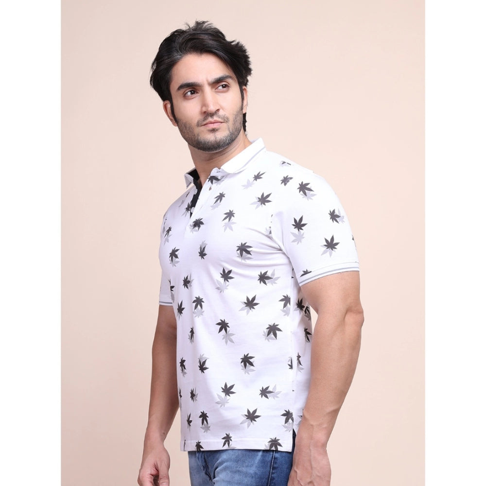 Generic Men's Casual Cotton Printed Polo Neck Half Sleeve T-Shirt (White)