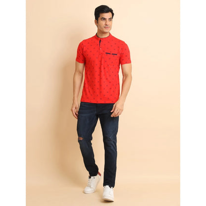 Generic Men's Casual Cotton Printed Mandarin Collar Half Sleeve T-Shirt (Red)