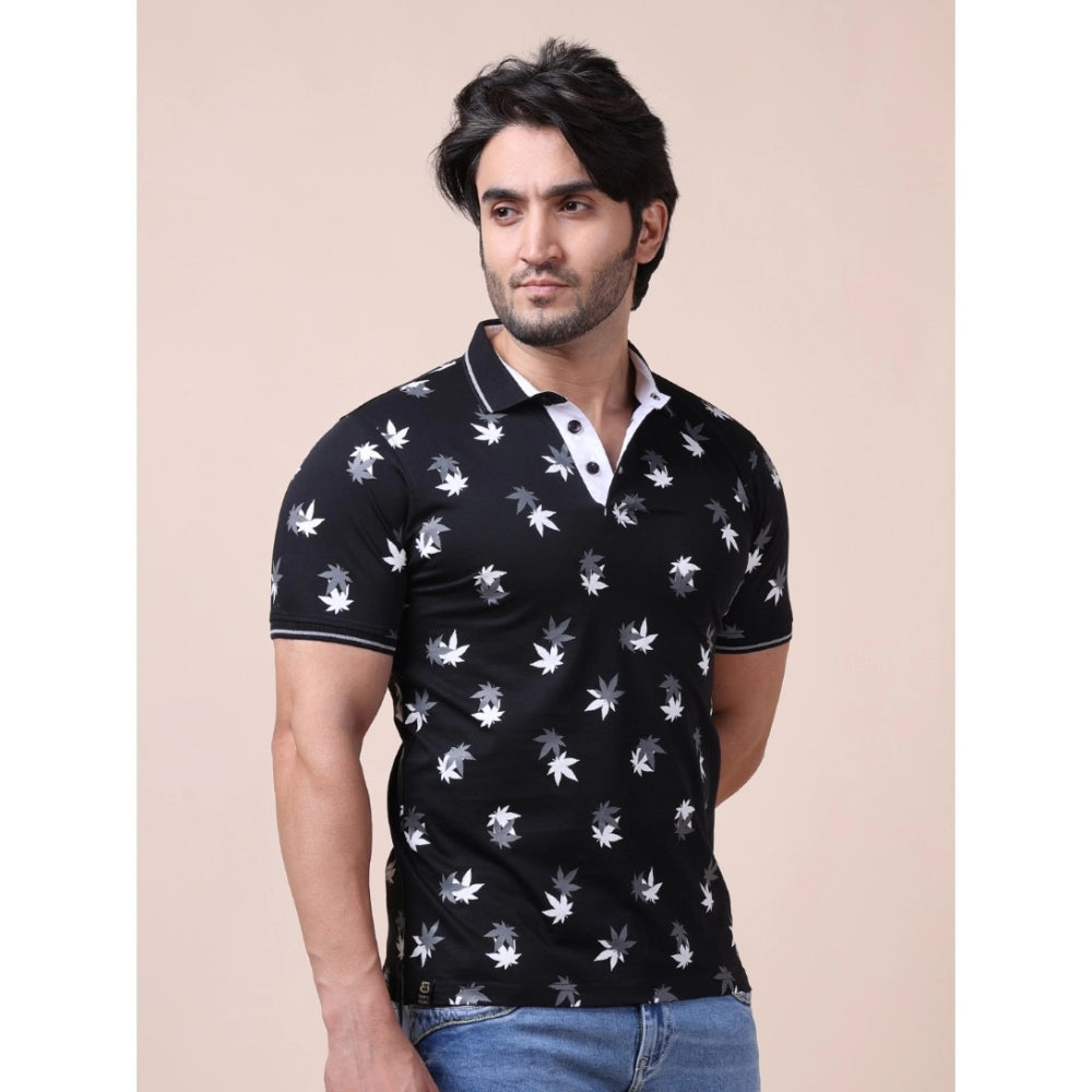 Generic Men's Casual Cotton Printed Polo Neck Half Sleeve T-Shirt (Black)