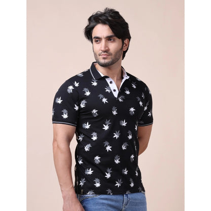 Generic Men's Casual Cotton Printed Polo Neck Half Sleeve T-Shirt (Black)