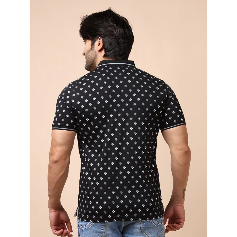 Generic Men's Casual Cotton Printed Polo Neck Half Sleeve T-Shirt (Black)