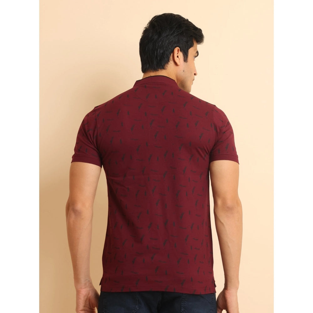 Generic Men's Casual Cotton Printed Mandarin Collar Half Sleeve T-Shirt (Plum)