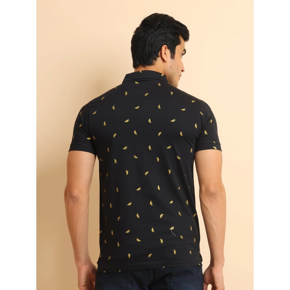 Generic Men's Casual Cotton Printed Polo Neck Half Sleeve T-Shirt (Black)