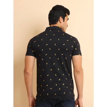 Generic Men's Casual Cotton Printed Polo Neck Half Sleeve T-Shirt (Black)