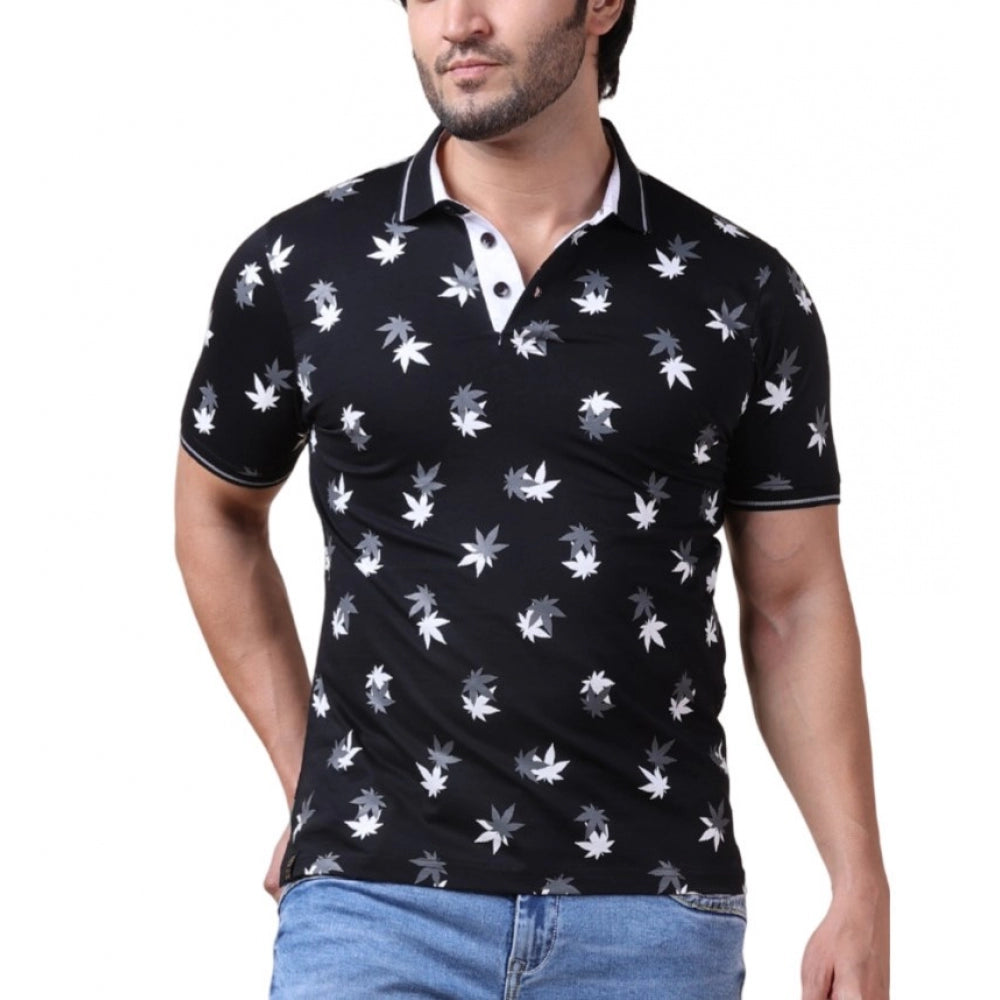 Generic Men's Casual Cotton Printed Polo Neck Half Sleeve T-Shirt (Black)