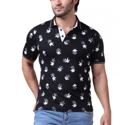 Generic Men's Casual Cotton Printed Polo Neck Half Sleeve T-Shirt (Black)