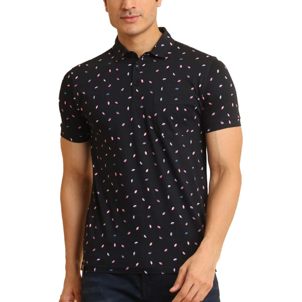 Generic Men's Casual Cotton Printed Polo Neck Half Sleeve T-Shirt (Black)