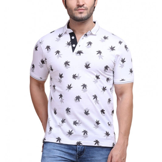 Generic Men's Casual Cotton Printed Polo Neck Half Sleeve T-Shirt (White)
