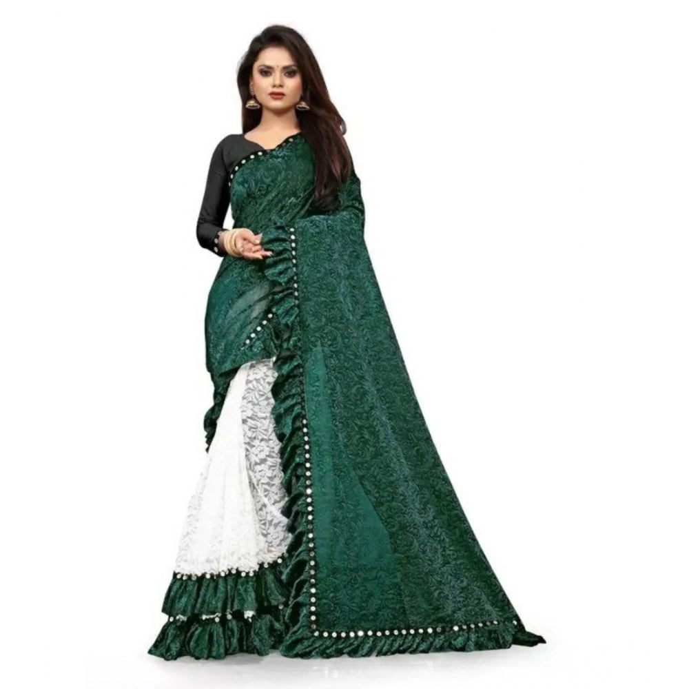 Generic Women's Silk With Mirror Lace Solid Saree With Unstitched Blouse (Green, 5-5 Mtrs)
