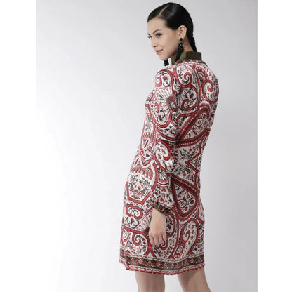 Generic Women's Polyester Printed Long Sleeves Above Knee Dress (Red)