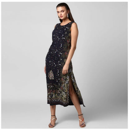 Generic Women's Rayon Floral Sleeveless Calf-length Dress (Black)