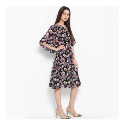 Generic Women's Polyester Floral Short Sleeve Knee-Length Dress (Black - Multicolor)