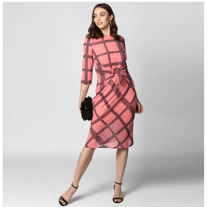 Generic Women's Polyester Checkered 3-4th Sleeves Below Knee Dress (Pink - Black)