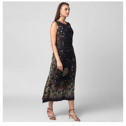 Generic Women's Rayon Floral Sleeveless Calf-length Dress (Black)