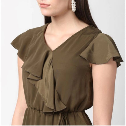 Generic Women's Polyester Ruffled Cap Sleeve Knee-Length Dress (Olive)