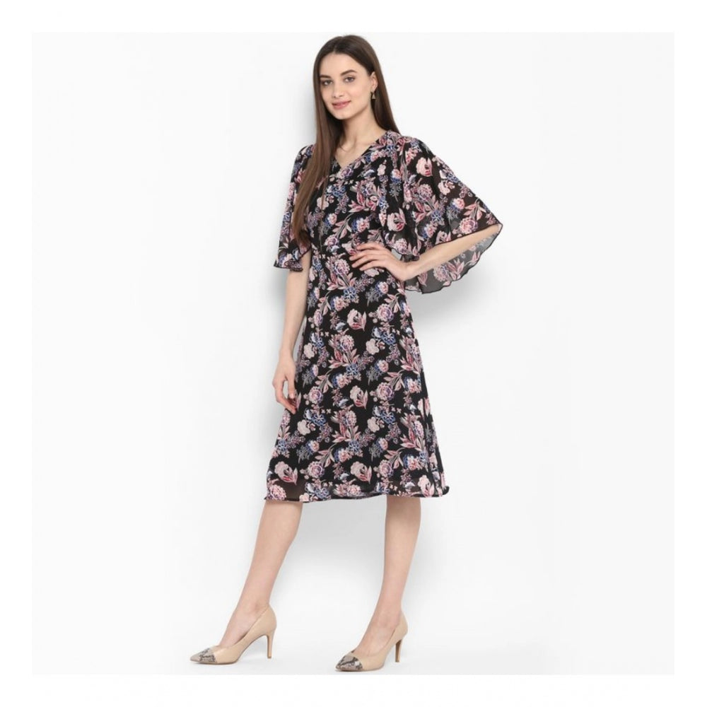 Generic Women's Polyester Floral Short Sleeve Knee-Length Dress (Black - Multicolor)