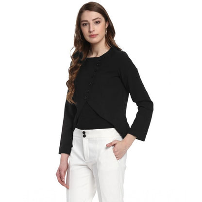 Generic Women's Polyester Diagonal Cut Long Sleeves Blazer (Black)