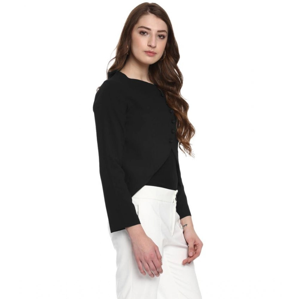 Generic Women's Polyester Diagonal Cut Long Sleeves Blazer (Black)