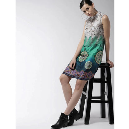 Generic Women's Polyester Printed Sleeveless Above Knee Dress (Multicolor)