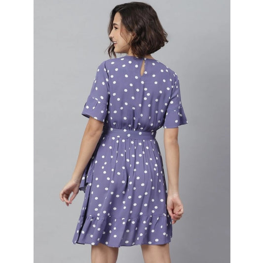Generic Women's Polyester Polka Bell Sleeve Above Knee Dress (Lavender)