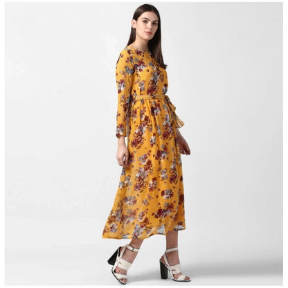 Generic Women's Polyester Floral Long Sleeves Calf-length Dress (Yellow)