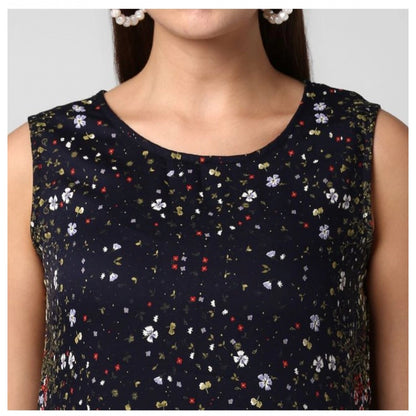 Generic Women's Rayon Floral Sleeveless Calf-length Dress (Black)