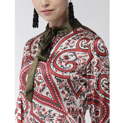 Generic Women's Polyester Printed Long Sleeves Above Knee Dress (Red)