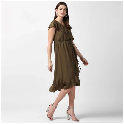 Generic Women's Polyester Ruffled Cap Sleeve Knee-Length Dress (Olive)