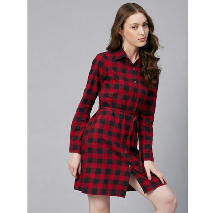 Generic Women's Cotton Checkered Long Sleeves Above Knee Dress (Red - Black)