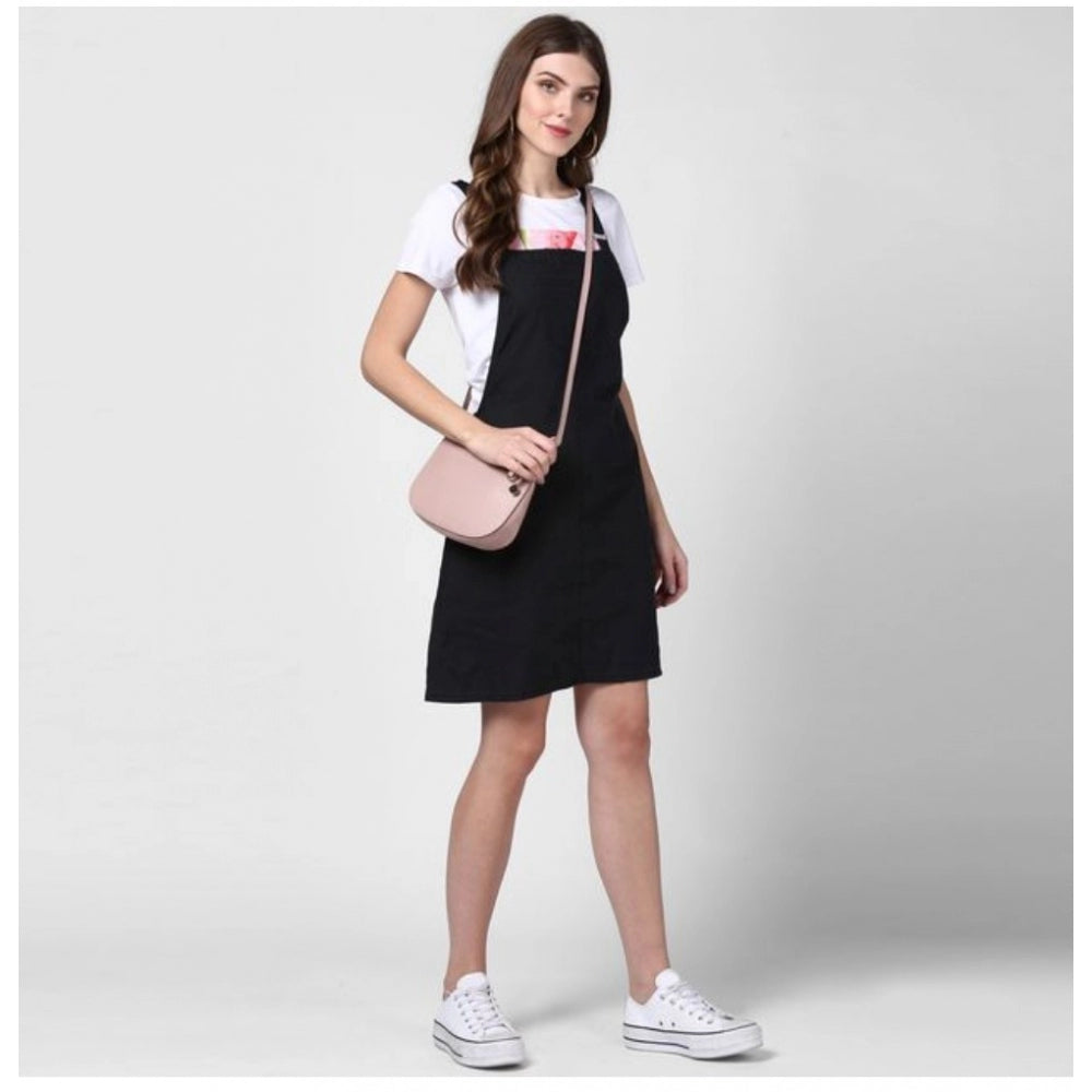 Generic Women's Denim Solid Shoulder Straps Above Knee Dungaree (Black)